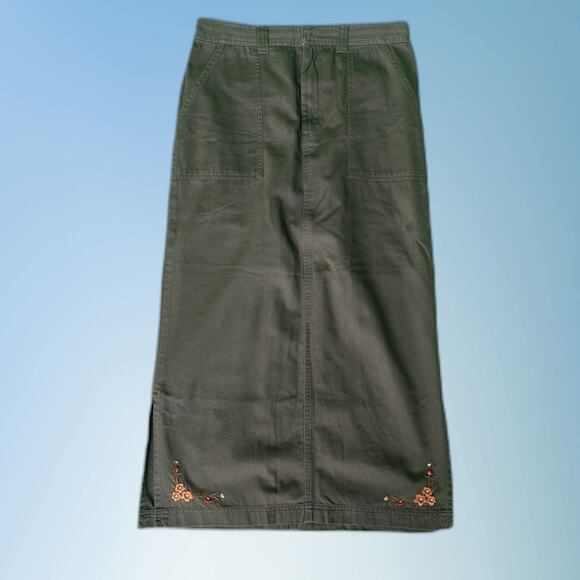 Vintage 90s y2k dark army green embroidered maxi skirt 10 casual earthy granola - Picture 1 of 6